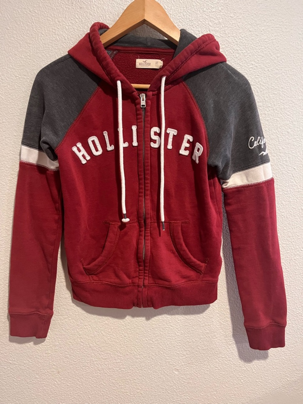 Hollister Hoodie Full Zip Up Sweater Jacket Burgundy Y2K Preppy Surf XS